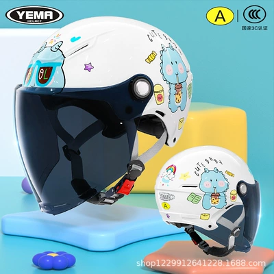 Helmet, Motosiklet kaskı (dəbilqə) - summer-style-ceramic-white-milk-tea-little-dinosaur-ink-blue-long-mirror