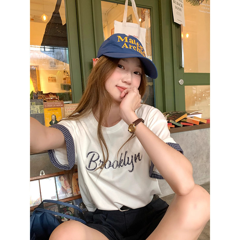 韓国スタイルのレイジースタイル刺繍文字純綿半袖Tシャツ女性用2025年夏新作イン超人気年齢軽減学生トップス|undefined