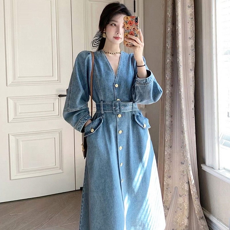 法式A字牛仔连衣裙子女装2025春秋新款欧货胖mm显瘦时尚感长裙子|undefined