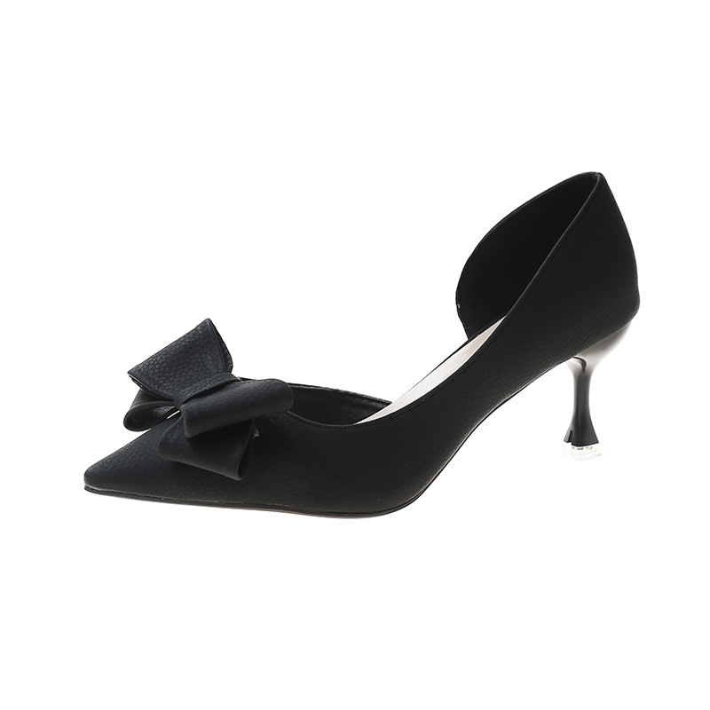 Stile coreano alla moda fiocco dolce tacchi alti tacco a spillo bocca bassa punta a punta lato vuoto sandali scarpe singole da donna moda_voghion.com