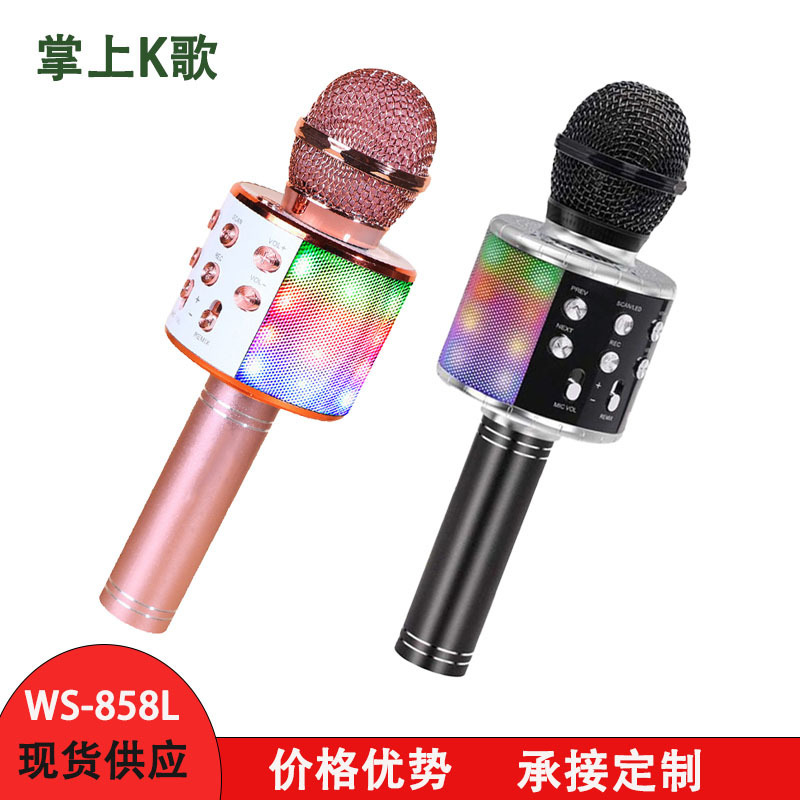 Foreign Trade Ledws858 Colorful Light Karaoke Microphone Bluetooth Wireless Microphone Home-Use Children's Singing All-In-One Machine Customization