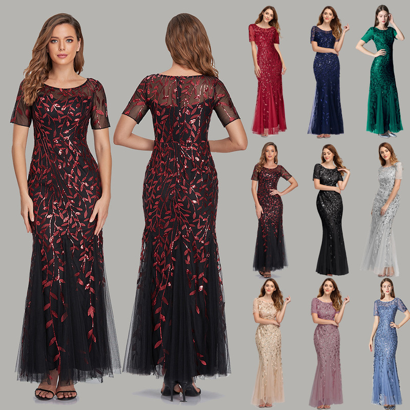 Spring and Summer Cross-Border 2023 Banquet Host European and American Slim Mesh Sequin Evening Dress Fishtail Dress for Women
