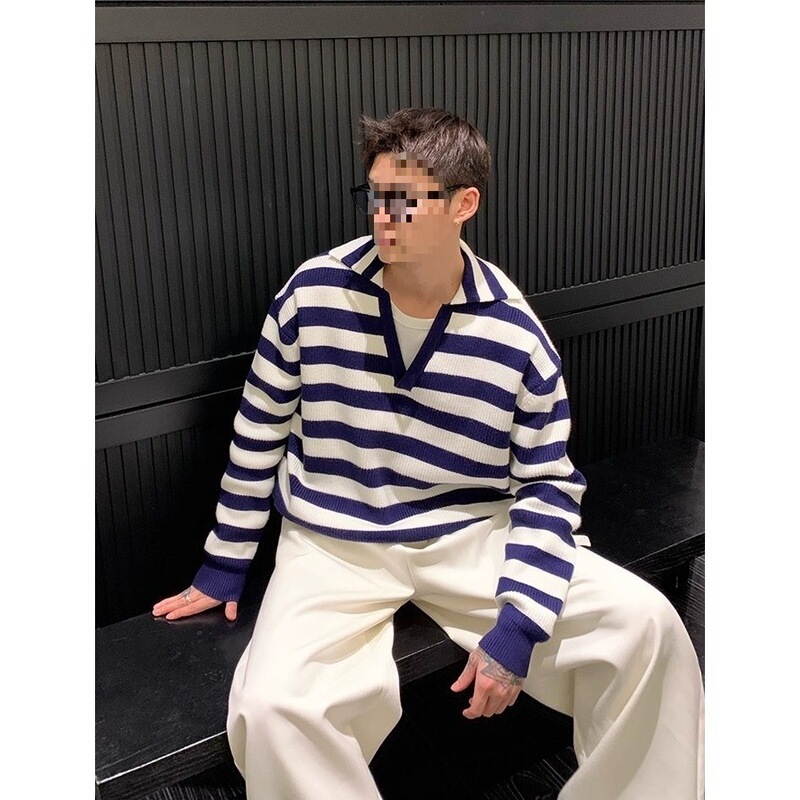 【Original Heavyweight Arctic Fleece】Seagull Collar Cool Navy Blue New Elite Old Money Loose Striped Sweater Men's Knitwear