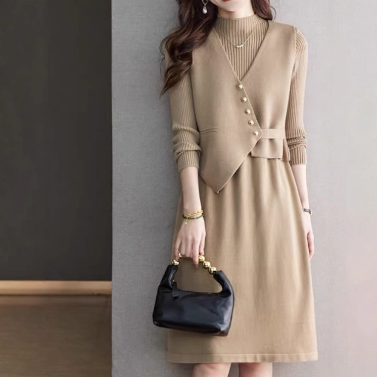 High-End Short Knitted Vest Two-Piece Set with Base Dress 2025 Autumn and Winter New Slim-Fit Sweater Long Skirt