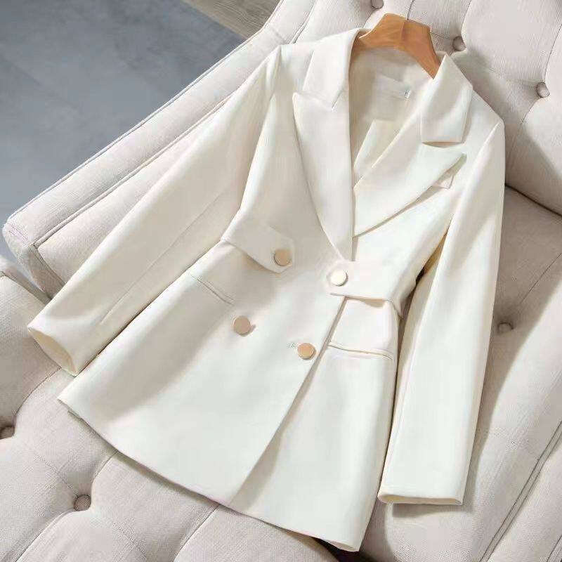 Áo blazer nữ dáng eo dài vừa, tay dài, đệm vai, cổ vest, phong cách thanh lịch — Màu trắng nhạt, màu đen, trắng, Bông mùa đông màu trắng nhạt