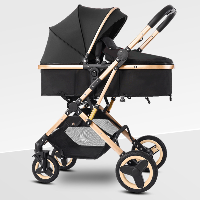Coche de bebé se puede sentar y acostar en dos direcciones, 0 - 3 años de edad, ligero y plegable con un botón para bebés recién nacidos, cuatro ruedas antichoque