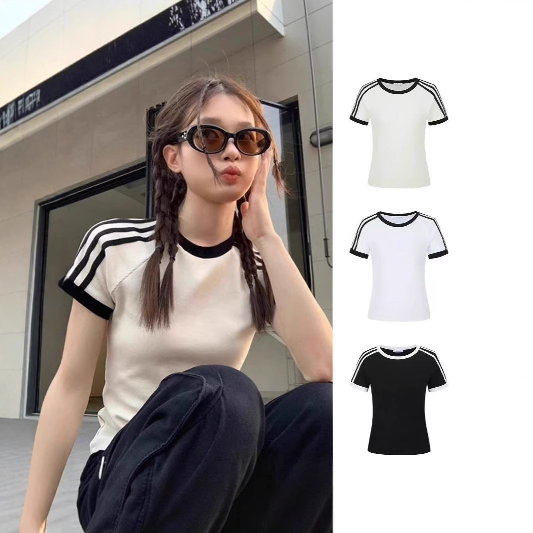 American Sweet and Spicy Right Shoulder Short Pure Cotton Short-Sleeved T-Shirt for Women in Summer Versatile Work Clothing Sexy Pure Color Three-Stripe Top
