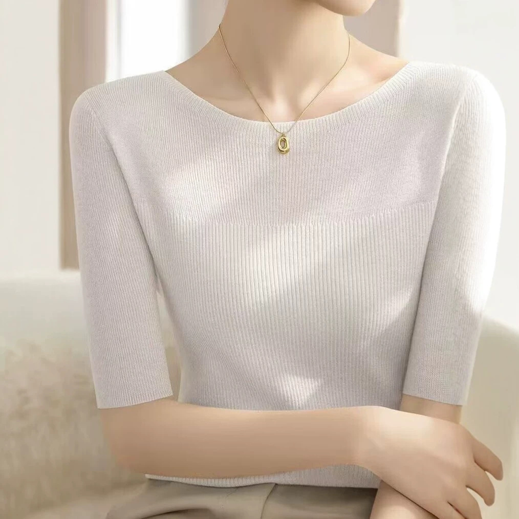 Áo thun ngắn tay cổ chữ nhất ôm nhẹ kiểu Pháp — màu đen chi tiết 1