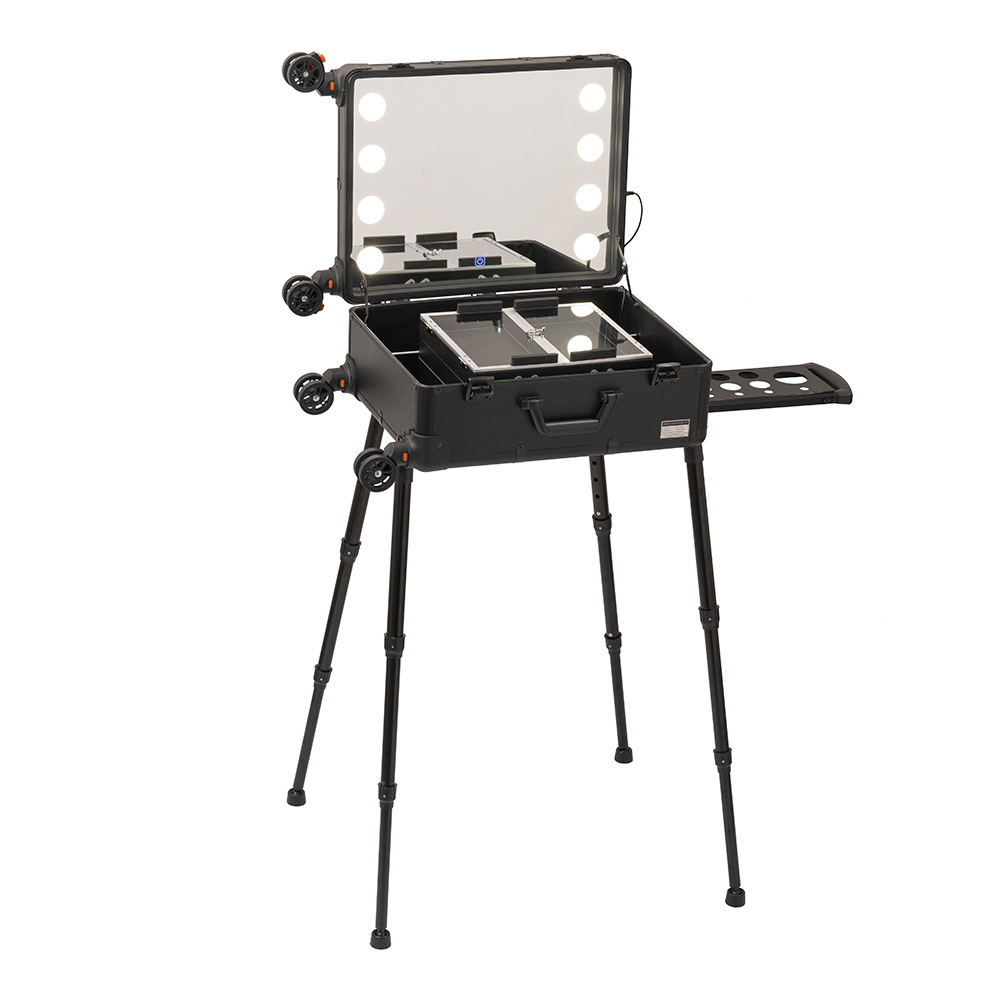 Espejo completo control táctil de tres colores atenuación caja cosmética profesional con carro ligero multi-capa universal rueda maquillaje caja de seguimiento