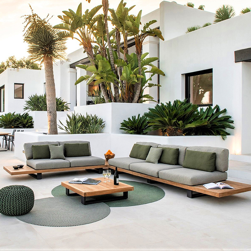 Sofá al aire libre patio jardín de madera maciza combinación de ocio al aire libre balcón impermeable muebles de teca caña