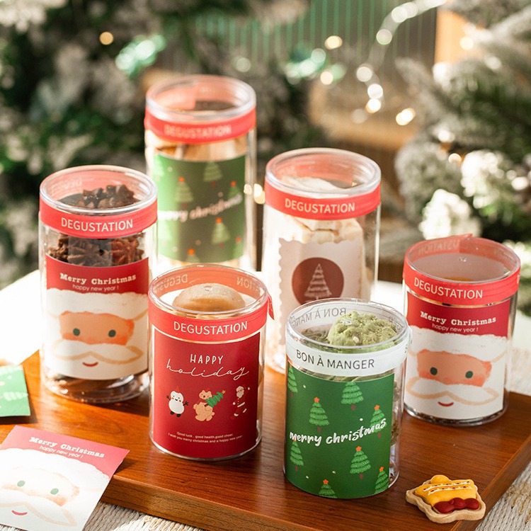 圣诞节透明饼干密封罐曲奇雪花酥包装盒食品瓶塑料烘焙桶糖果罐子