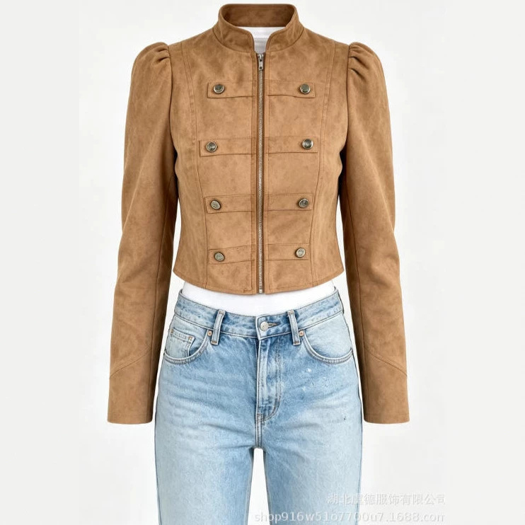 2026 Cross-Border Autumn/Winter Women's Napoleon Style Suede Short Coat with Stand Collar, Puff Sleeves, Double-Breasted Zipper Jacket 2026 Cross-Border Autumn/Winter Women's Napoleon Style Suede Short Coat with Stand Collar, Puff Sleeves, Double-Breasted Zipper Jacket