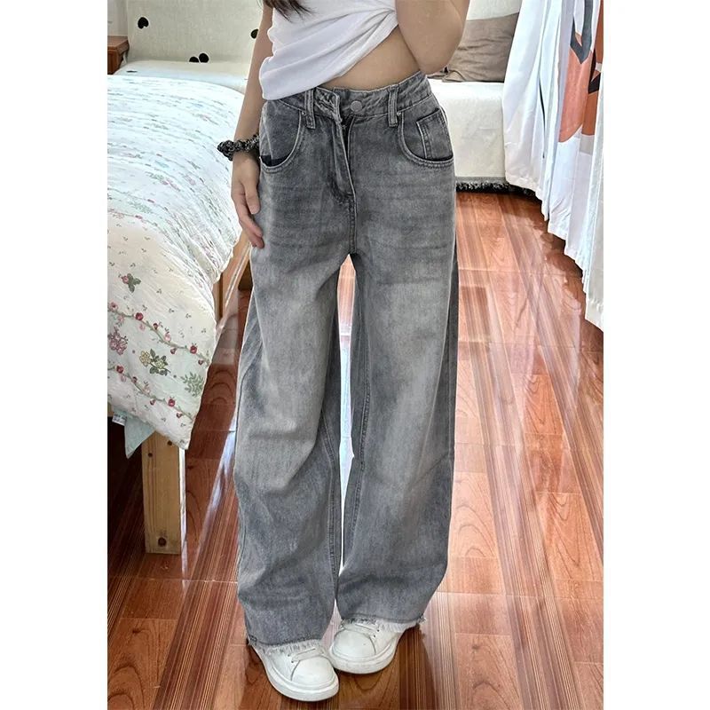 Vintage Light Gray Wide-Leg Jeans for Women, Autumn New High-Waisted Loose Slimming Frayed Straight-Leg Floor-Length Pants Trendy