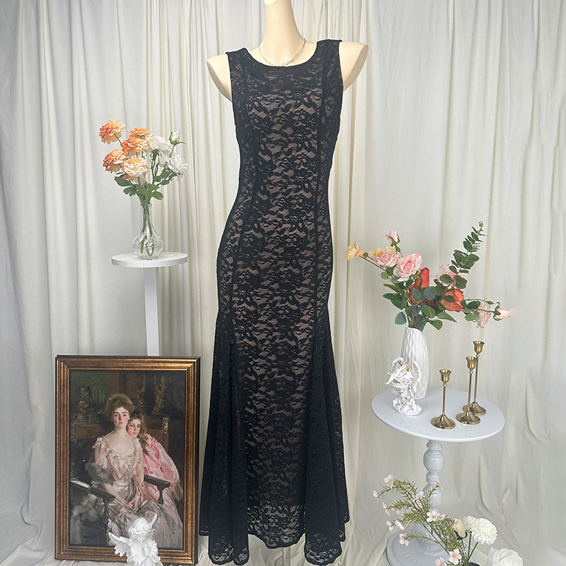 Black Lace Dress Factory Wholesale Women's Dress Fishtail Dress Arm-Covering Dress Evening Dress Toast Dress Fashionable and Elegant