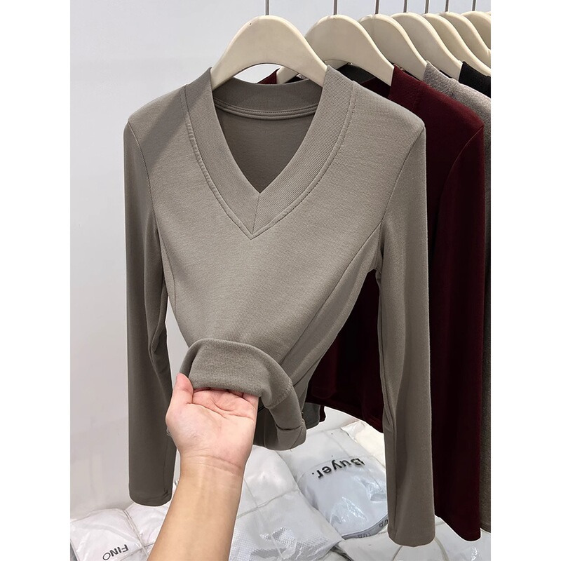 4630 # Official Picture of Mousse Cashmere 280g Long-Sleeved T-Shirt for Women in Spring, Autumn and Winter Fleece-Lined Double-Sided Velvet Bottoming Shirt