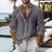 男士纯色棉亚麻衬衫休闲款式长袖商务休闲衬衫跨境独立站