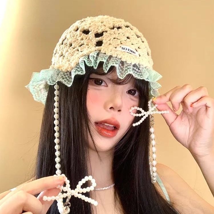 批发珍珠吊坠蕾丝边镂空包头帽女春秋季民族风显脸小针织套头帽子|undefined