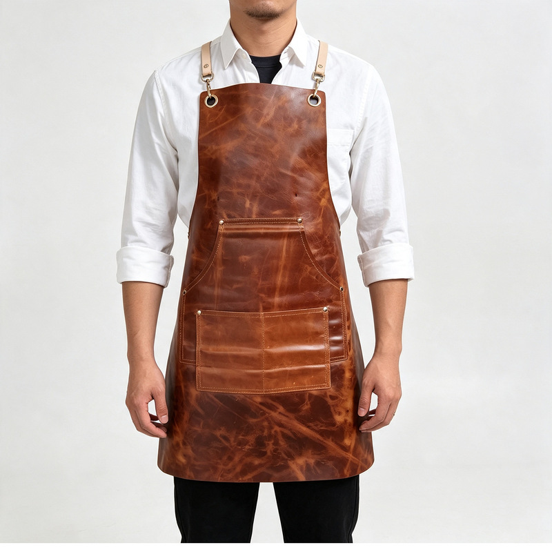 Top-layer cowhide double-shoulder apron with contrasting color leather shoulder straps and large pockets for baristas, mixologists, and craftsmen