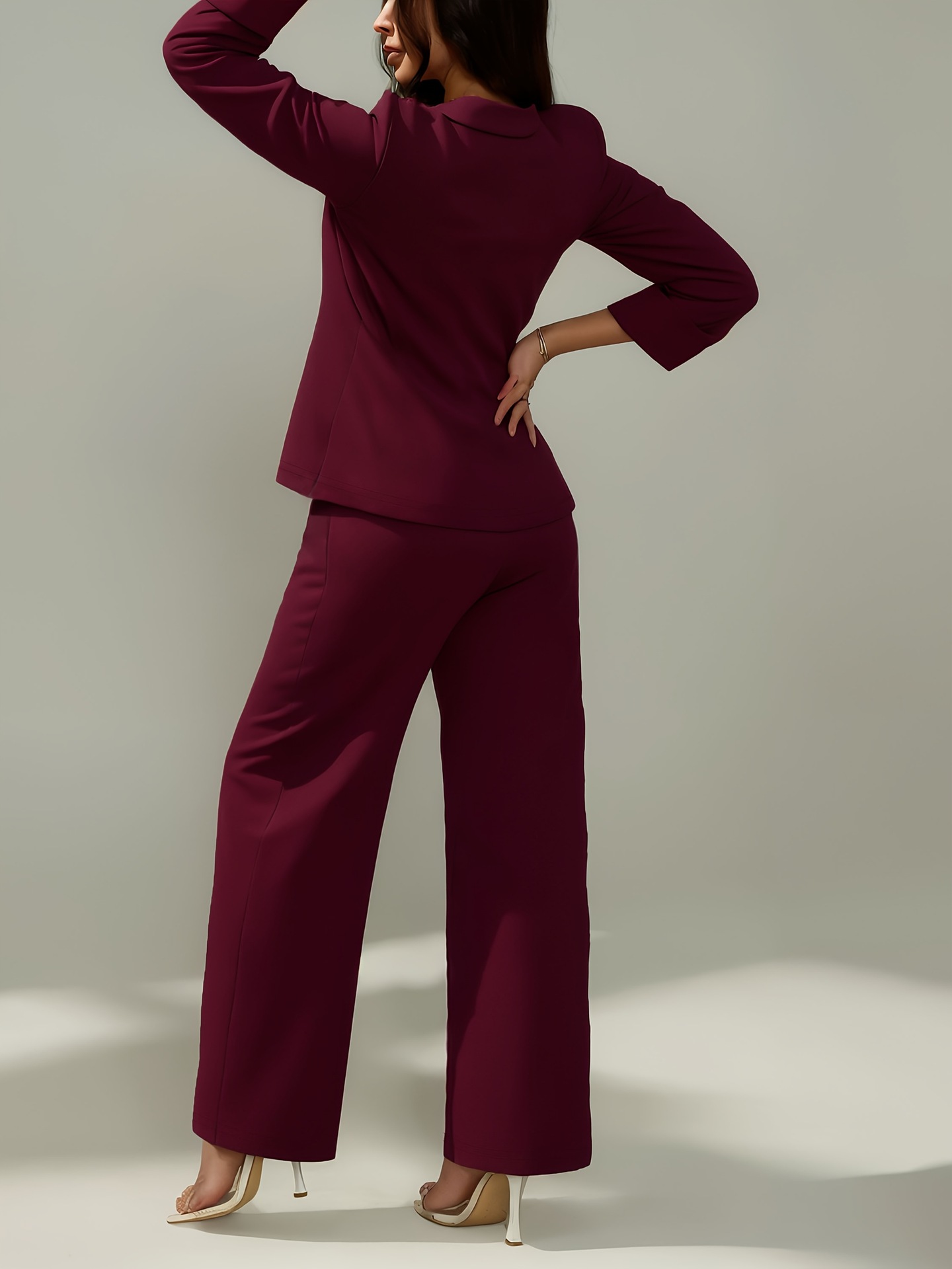 Elegant Two-Piece Set: Short Sleeve Top With Flowy Wide-Leg Pants For Women Autumn Winter Office Casual Outfit Solid Color Knit Jumpsuit Alternative_ecoleips.com