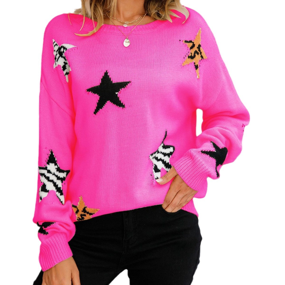 Suéter de Manga Larga con Cuello Redondo y Estampado de Estrellas para Mujer - Jersey de Moda Amazon 2022