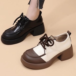 Explosive Elevated Loafers Casual Leather Shoes Women's 2024 Autumn Lace-up Shoes Fashionable Comfortable Women's British Style Students