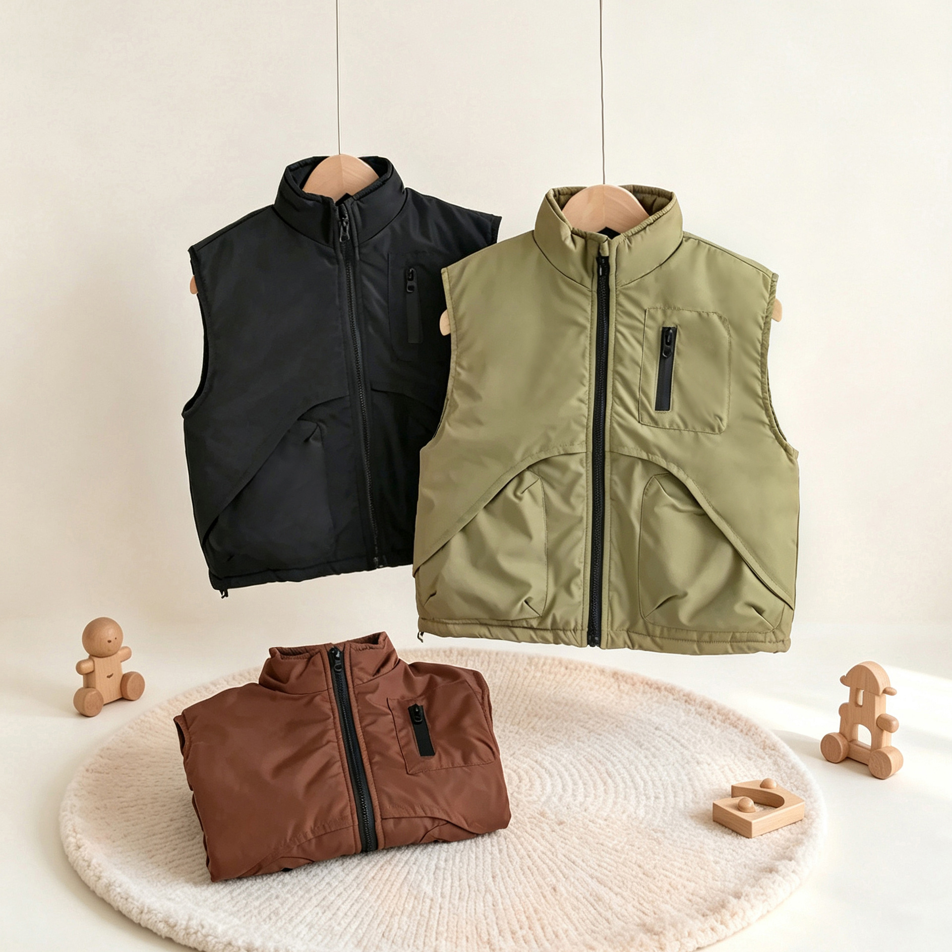 Children's stand-up collar cotton vest, boys' and girls' warm vest, outdoor sports multi-pocket cotton children's clothing, new autumn and winter model
