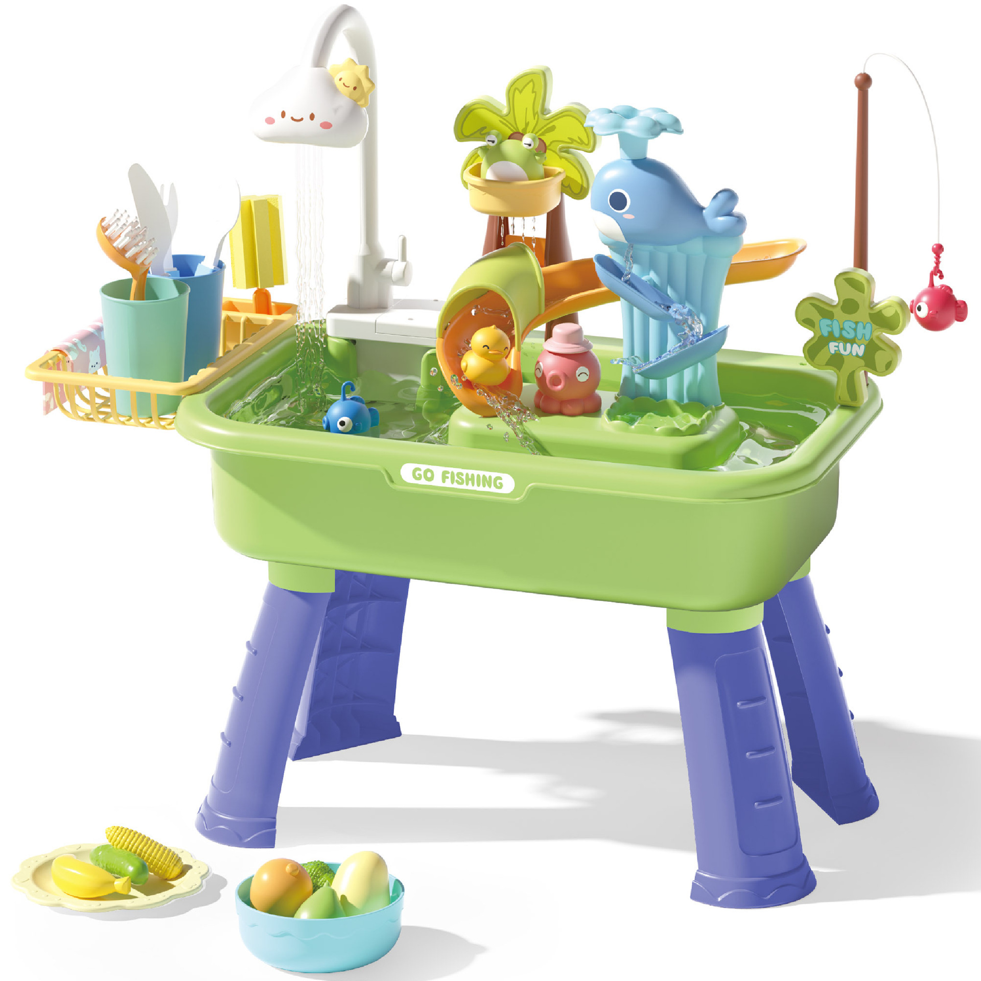 Niños transfronterizos cocina lavavajillas conjunto de ciclo eléctrico para lavar verduras juguetes de agua de pesca