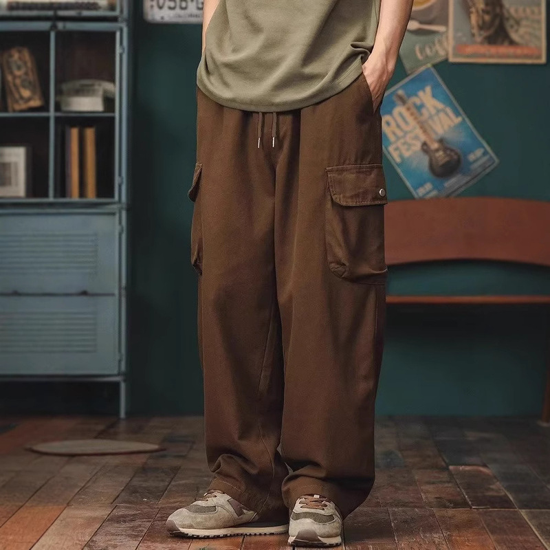 Japanese Style Casual Vintage Overalls Men's Brown Loose Straight Wide Leg Pants Lazy Dape Casual Pocket Trousers