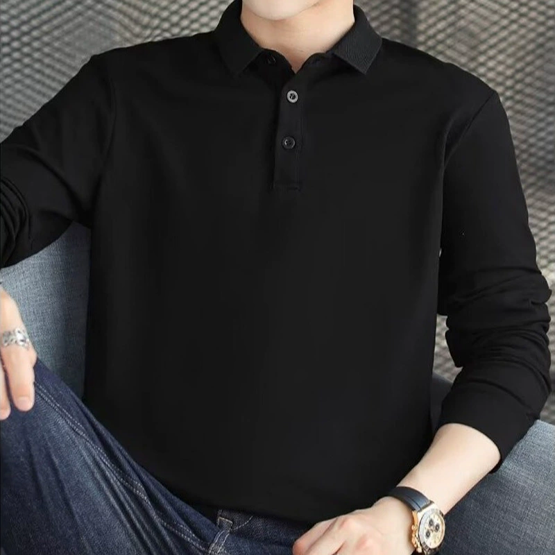 Модная весенне-осенняя новая мужская футболка с длинными рукавами, модная рубашка-поло в корейском стиле с отложным воротником, стильная базовая рубашка на осень.