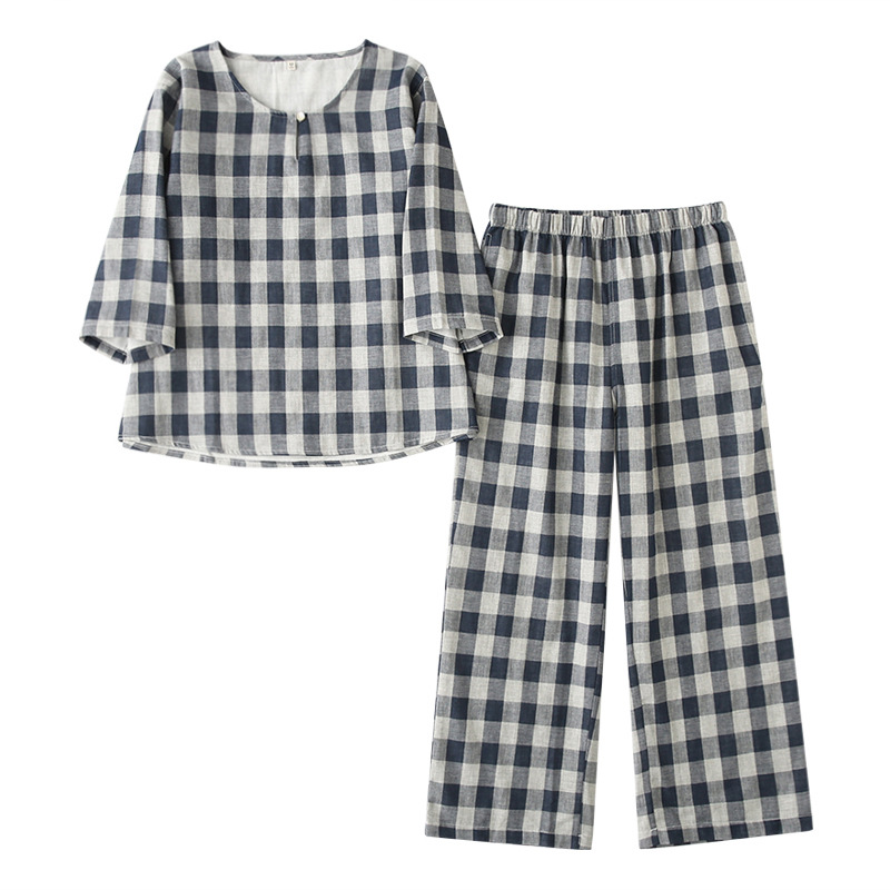 Spring and Summer Women's Cotton Pajama Set with Three-Quarter Sleeves, Cotton-Linen Double-Layer Gauze Loungewear, Muji-Style Plaid Round Neck