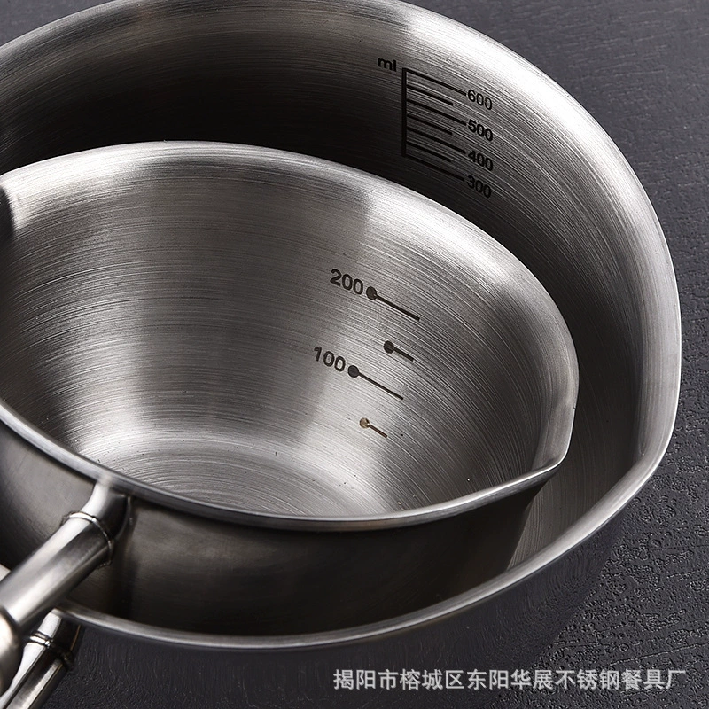 Пожел Thickened 304 stainless steel graduated measuring cup flat bottom small milk pot cross-border Amazon export wooden handle food supplement sauce cup