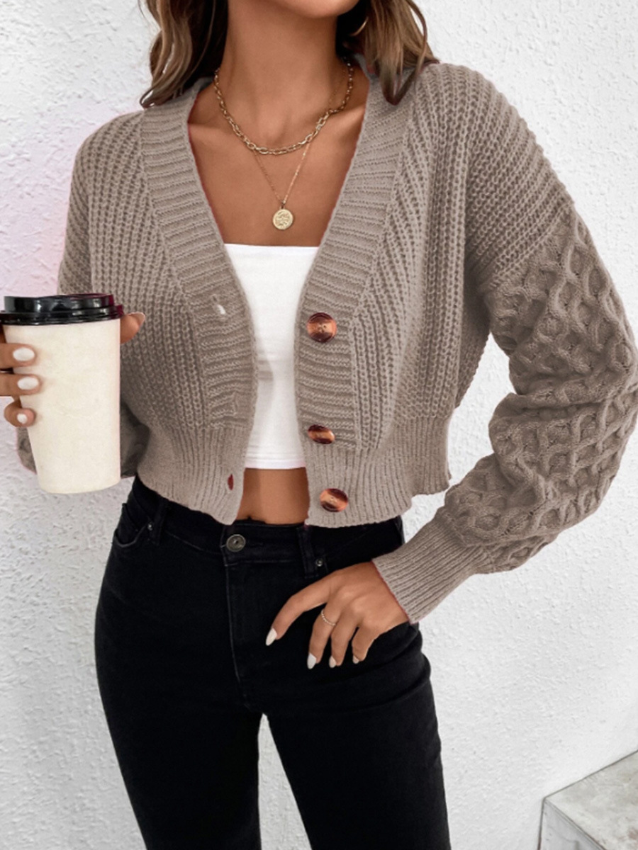 Transfronterizo Amazon comercio exterior V-collar mono hebilla suéter chaqueta de diseño de color sólido europeo y americano sensación de caída de hombro manga cardigan de punto image 9
