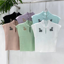 新中式国风蝴蝶刺绣立领短袖T恤女夏季2024新款小众气质修身上衣