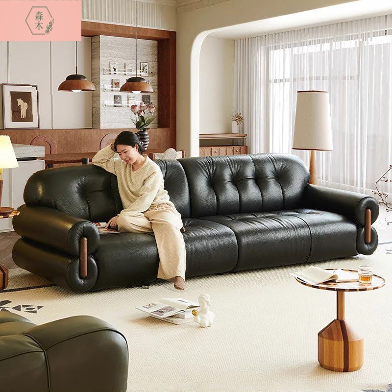 Vintage Fengyunduo Cherry Wood Straight-Row Leather Sofa for Living Room, Light Luxury First-Layer Cowhide Italian Minimalist Leather Sofa