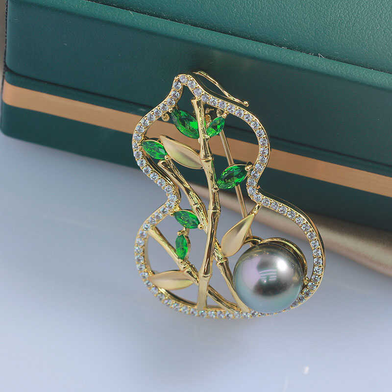 DIY Pearl Accessories New Copper Gold Plated Hollow Gourd Bamboo Leaves Green Zircon Brooch Corsage Accessories Empty Bracket