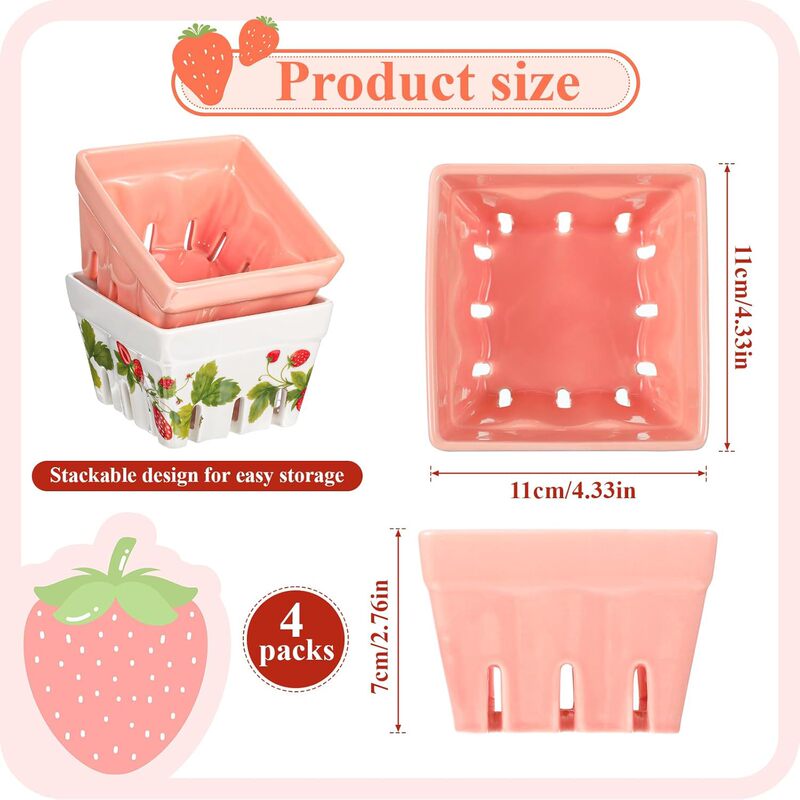 Square Ceramic Berry Basket with Holes, Strawberry Pattern Country-Style Kitchen Bowl, Cute Fruit and Vegetable Storage Container Square Ceramic Berry Basket with Holes, Strawberry Pattern Country-Style Kitchen Bowl, Cute Fruit and Vegetable Storage Container