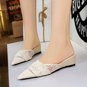599-28 French Fashion Slippers for Women, Lace Mesh, Pointed Point, Shallow Mouth, One Step Stepping, Slope Style, Outer