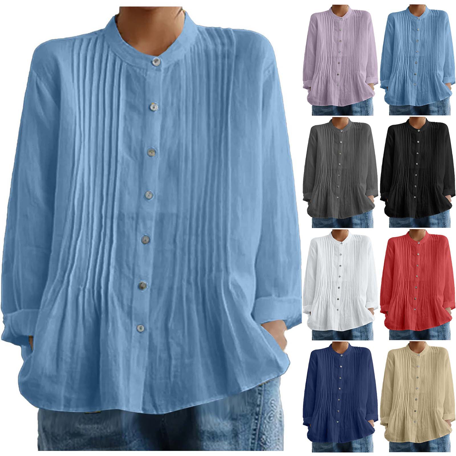 Cross-Border Foreign Trade New Cotton and Linen Small Stand-Up Collar Shirt Women's Solid Color Miyake Pleated Versatile Cardigan Temperament Top