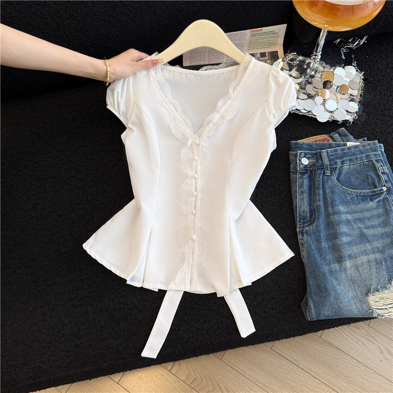 French Lace V-Neck Short-Sleeved White Shirt for Women in Summer with Bow Tie on the Back and Slim Fit Top