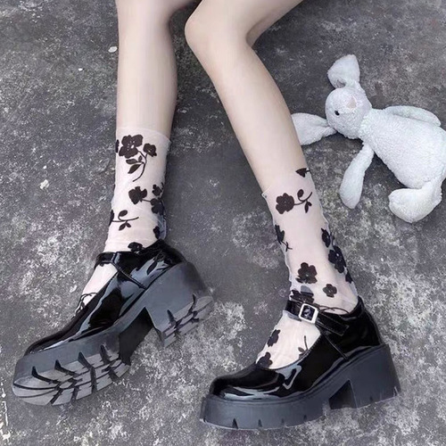 Japanese-style JK black lace short socks for women rose embroidery glass silk transparent lace short mid-calf summer ultra-thin style 