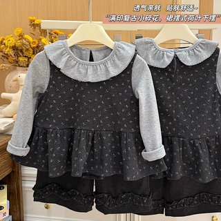 女童秋季新款韩系马甲长袖打底阔腿裤套装女宝宝甜美三件套童装潮