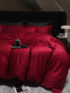 Light Luxury Style Wedding Four-Piece Set 100S Long-Staple Cotton Jacquard Quilt Cover Burgundy Pure Cotton Bed Sheetss Wedding Bedding