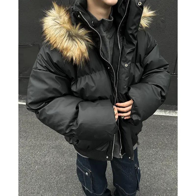 加绒大毛领连帽棉服男款加厚短款廓形显瘦棉衣感防寒面包服