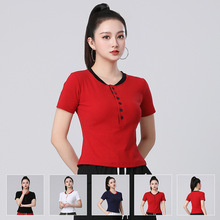 2025夏季广场舞新款圆领排扣修身百搭短袖T恤女时尚收腰上衣短袖