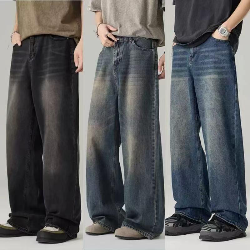 American Retro Jeans Men's Cross-Border Aliexpress Foreign Trade Washed Wide-Leg Retro Distressed Loose Straight Long Pants