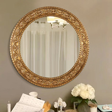 复古雕花欧式浴室镜正圆壁炉玄关装饰镜卫浴镜金银箔出口高档镜子
