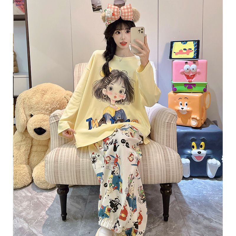 Al por mayor transfronterizo otoño nuevo pegamento de algodón de manga larga de cuello redondo pijama de mujer dibujos animados dulce ropa de estilo doméstico se puede usar