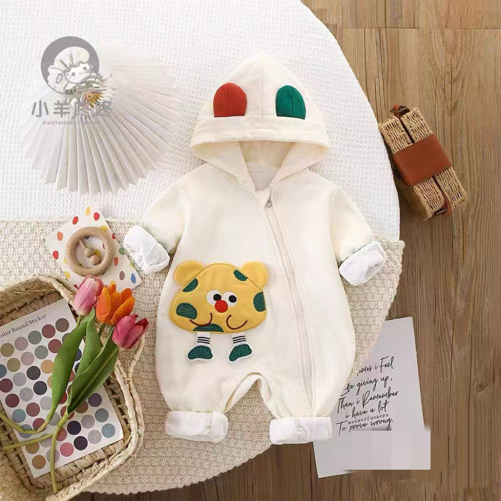 Primavera y otoño nuevo estilo de una pieza de doble capa bebé con capucha de dibujos animados con cremallera abierta oblicua mameluco para bebé