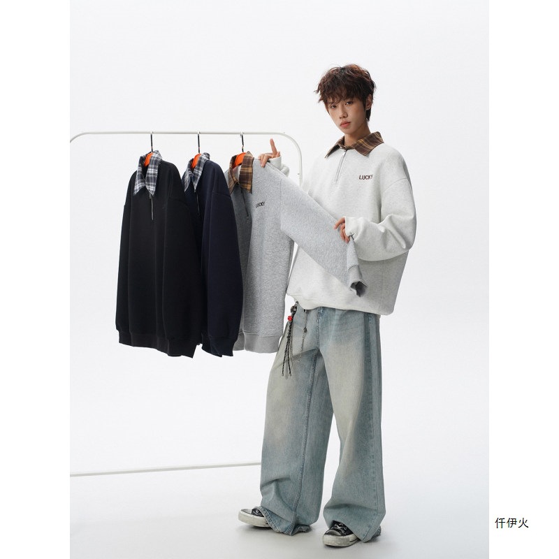 Plaid shirt T-shirt American-style sweatshirt men's spring and autumn half-zip polo shirt loose collar faux two-piece large size collar seagull