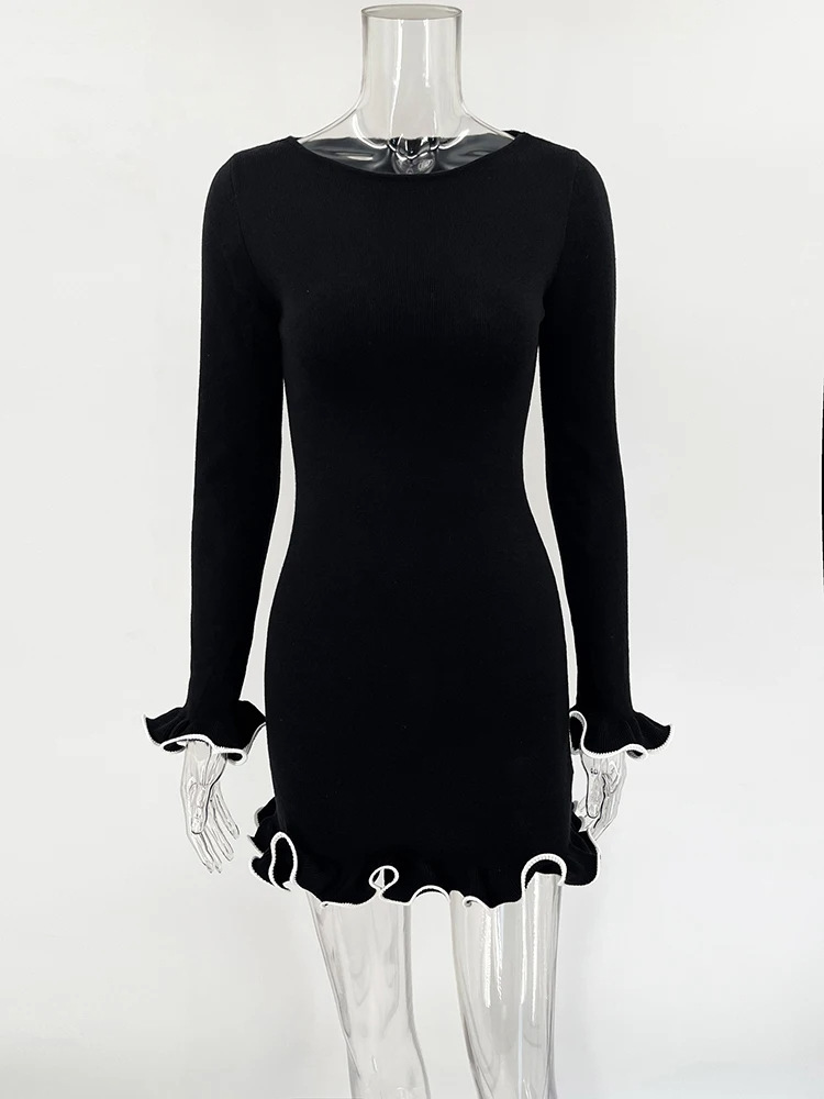 Women's Gender Wholesale Women's Elegant Jacquard Contrast Binding Color Block Casual Holiday Round Neck Long Sleeve Sheath Dress